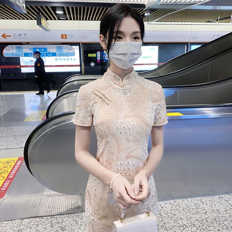 蕾絲刺繡旗袍氣質高雅改良女夏款年輕款氣質高端素雅復古高級感裙