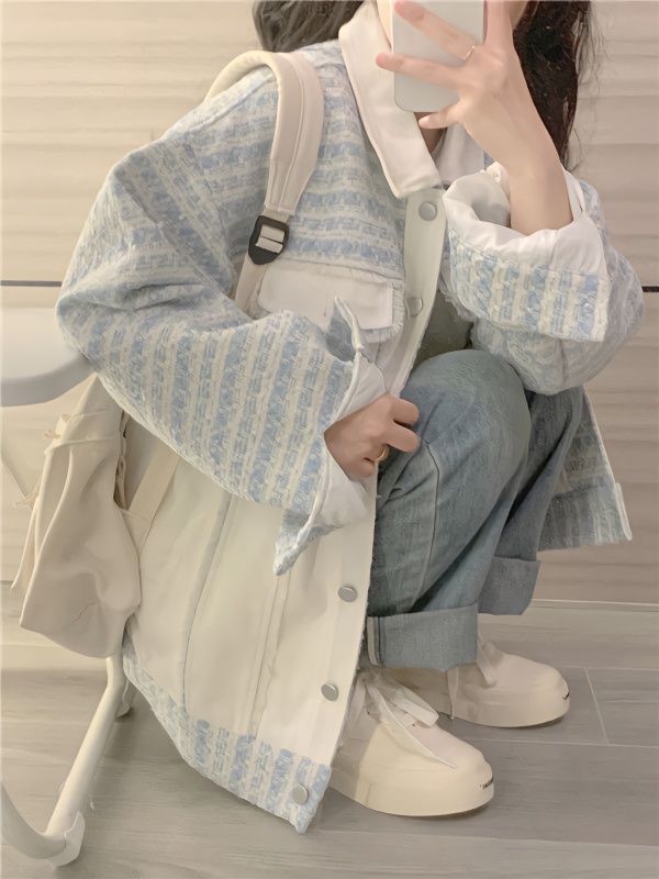 Sweet college style design sense splicing small fragrant wind jacket female students Korean version of the all-match loose tooling jacket top