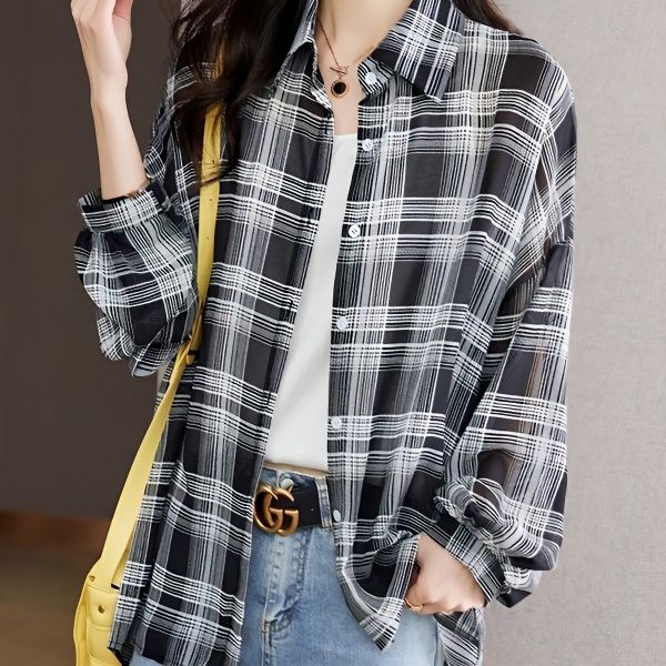Grigio plaid sun protection shirt for women spring and summer new retro Hong Kong style loose long-sleeved thin chiffon jacket