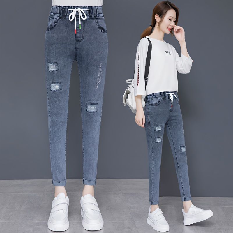 彈力高腰牛仔褲女春秋寬鬆韓版九分褲女老爹蘿蔔褲哈倫褲