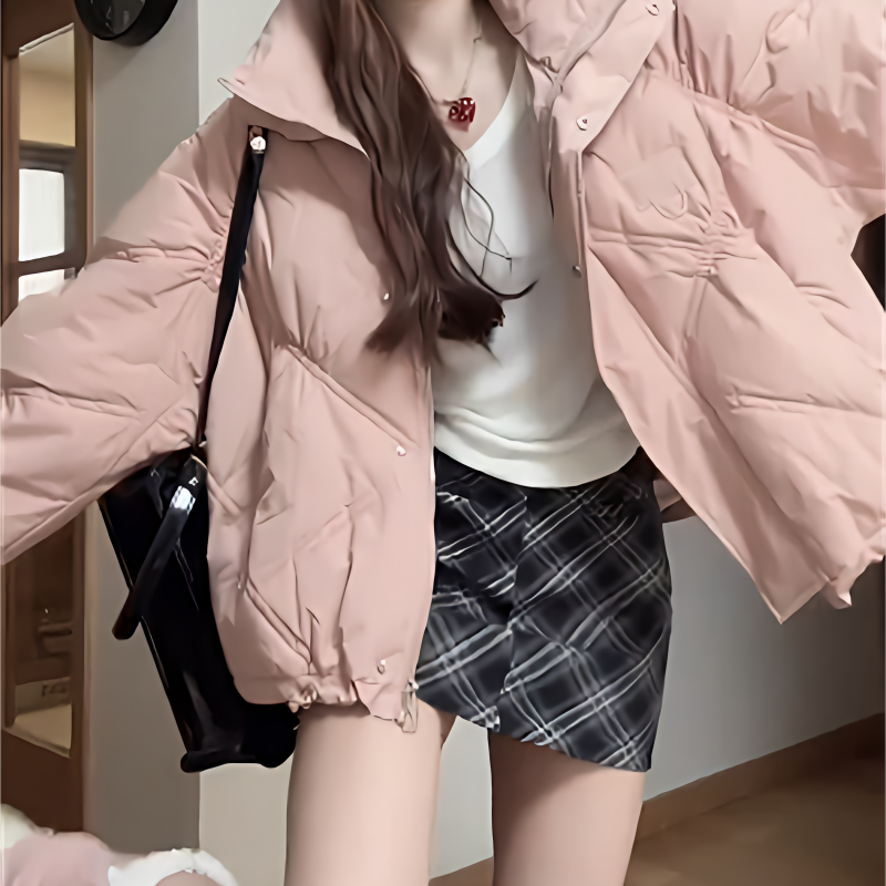 小個子冬季溫柔風粉色立領加厚保暖麵包棉服外套女+格紋半身裙潮