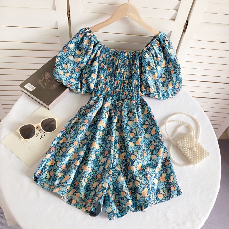 Design sense floral dress women's summer new waistline slimming pleats puff sleeves one-shoulder one-piece shorts skirt