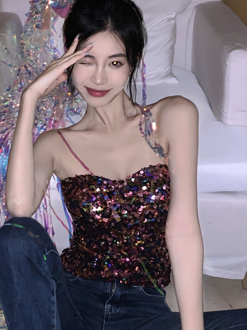 性感辣妹亮片抹胸背心吊帶女春裝新款高級感法式內搭外穿短款上衣