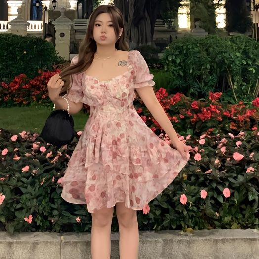 "Black Plum Sauce" Rose Ruffle Skirt Dress Slimming Summer Short-sleeved Floral Dress Sweet Pure Desire