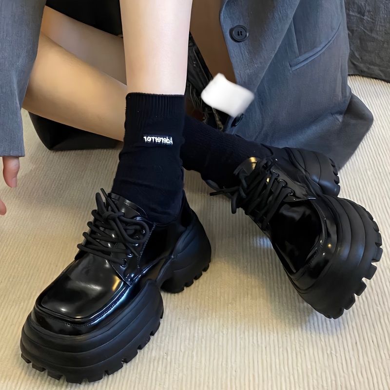 厚底小皮鞋2023新款瑪麗珍粗跟松糕爆款老爹鞋黑色女鞋方糖樂福鞋