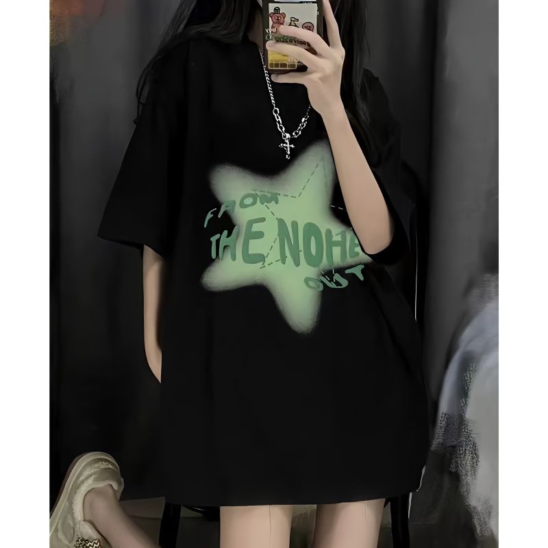 100%純棉美式復古黑色丅恤短袖女夏季歐美風oversize潮牌嘻哈上衣