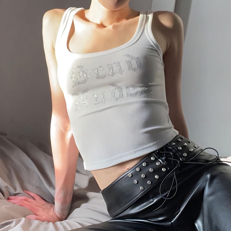 歐美風女裝2022春夏時尚休閒字母燙鑽U領性感無袖短款背心女批發