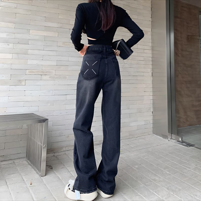 YSYOURS黑色闊腿牛仔褲女春秋高腰設計感大碼寬鬆垂感拖地直筒褲