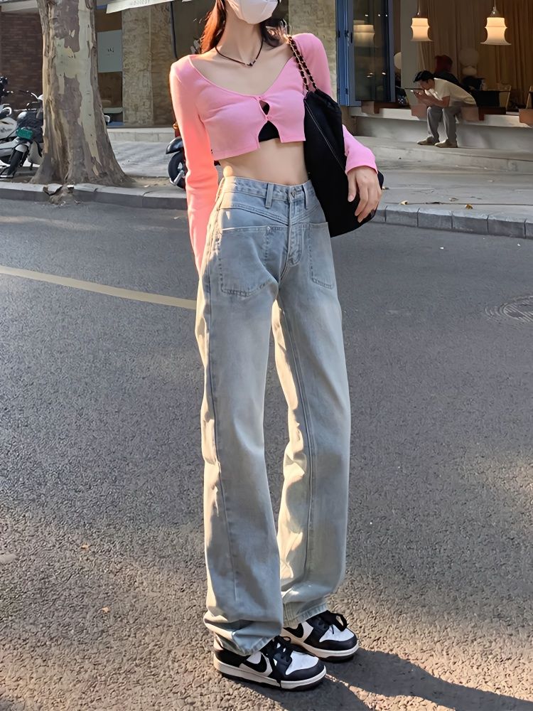 YSYOURS淺色高腰牛仔褲女春秋寬鬆顯瘦大碼設計感直筒闊腿拖地褲