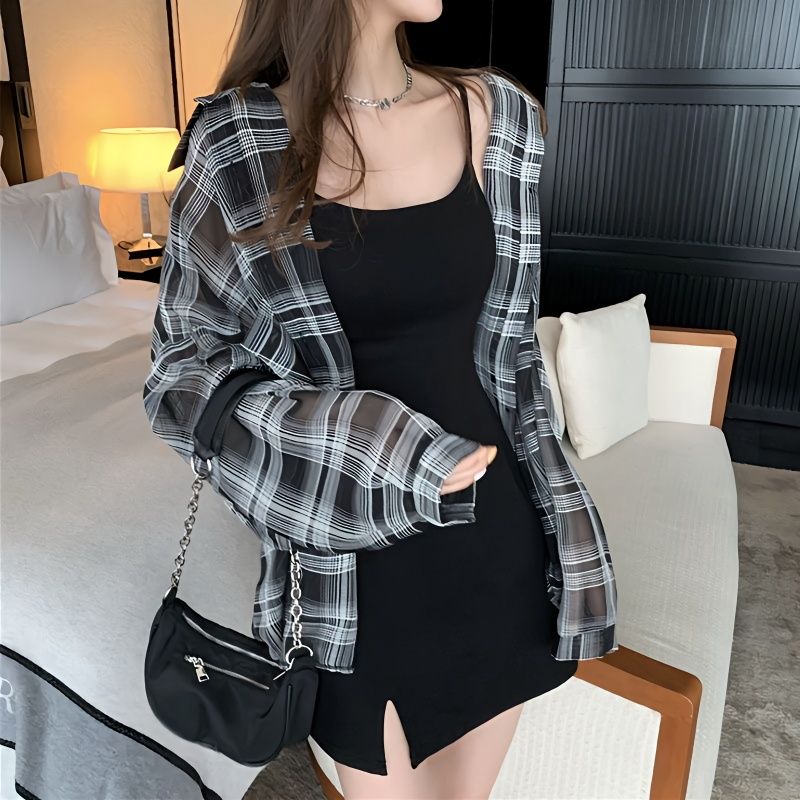 Grigio plaid sun protection shirt for women spring and summer retro Hong Kong style loose long-sleeved thin chiffon internet celebrity jacket