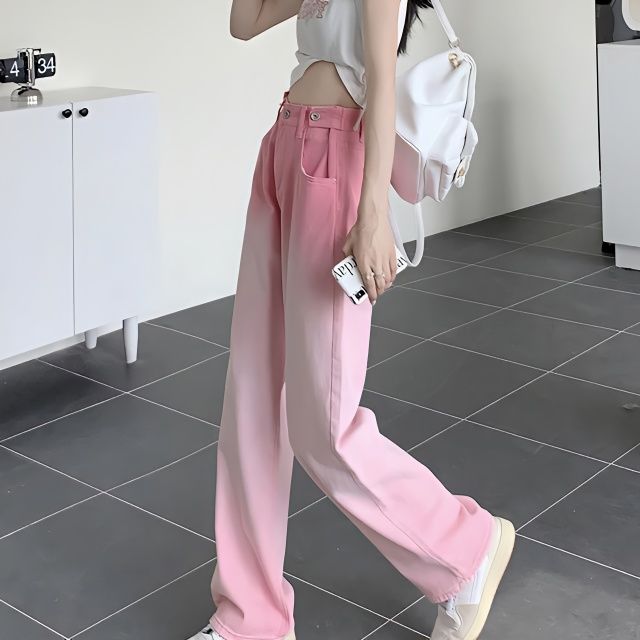 粉色漸變高腰牛仔褲女2022年新款夏季寬鬆顯瘦闊腿長褲直筒褲子潮