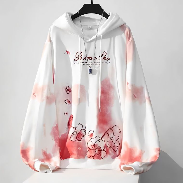 Trendy brand national trend gradient cherry blossom embroidered hooded sweatshirt for men and women autumn and winter Japanese style loose couple wear hooded jacket