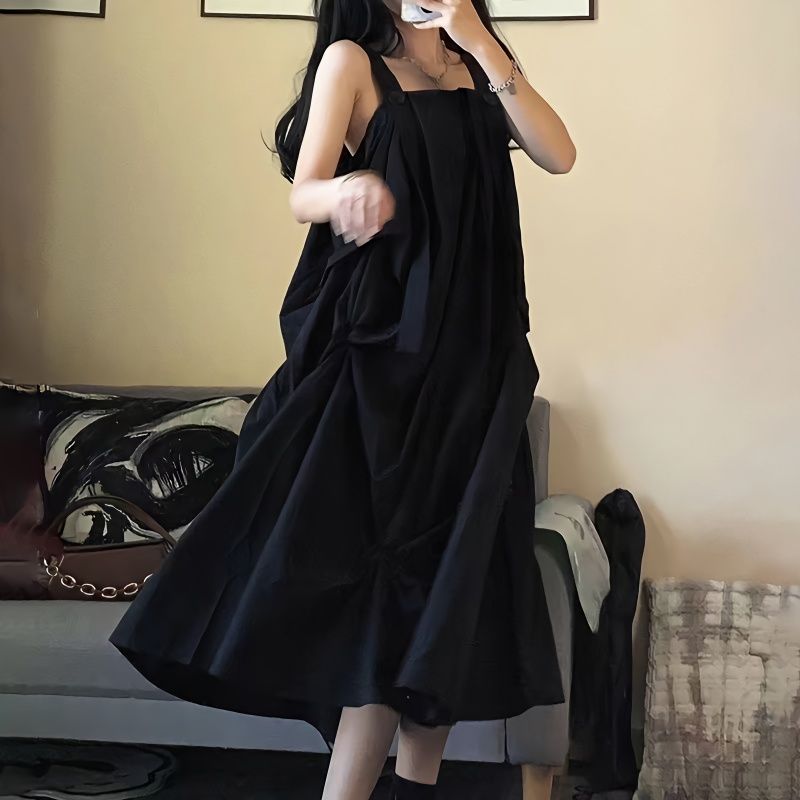 Hepburn style irregular pleated sling dress female student ins Korean version loose slim three-dimensional A-line skirt