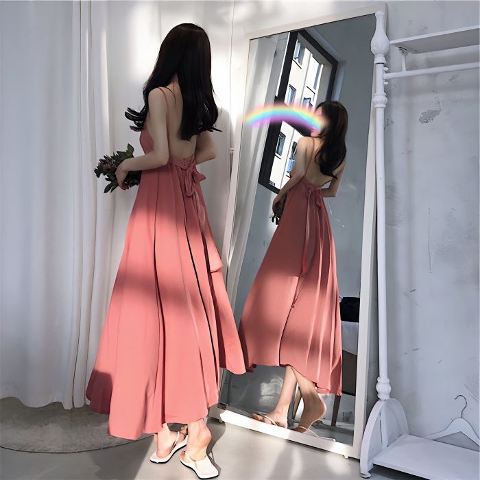 Large size 300 catties French romantic waist slimming belly cover dress fat MM backless suspenders sexy beach A skirt tide