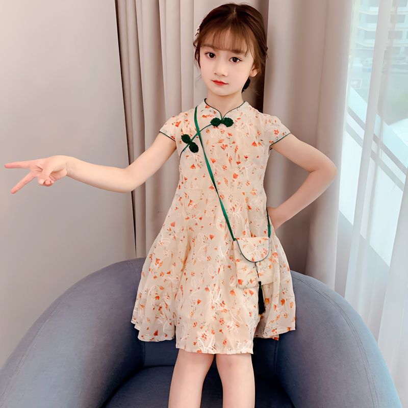 女童裙子2023夏裝薄款韓版兒童洋氣漢服新款時尚小女孩碎花連衣裙