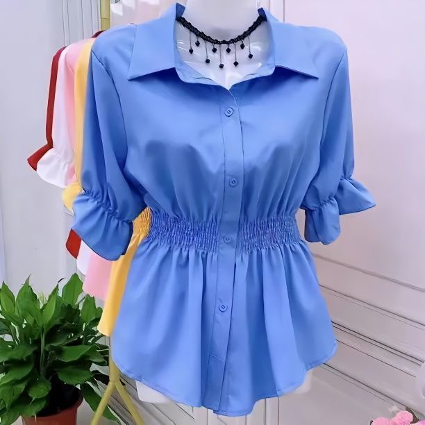 收腰顯瘦短袖襯衫女2023夏季新款女士襯衫設計感小眾襯衣遮肚上衣