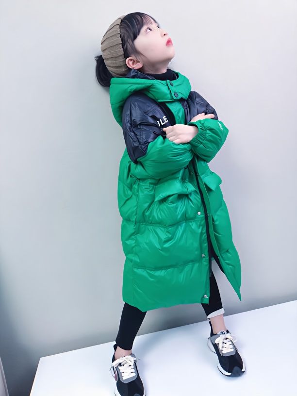 女童中長款羽絨服冬裝保暖外套2022新款潮韓版寬鬆拼色長款羽絨服