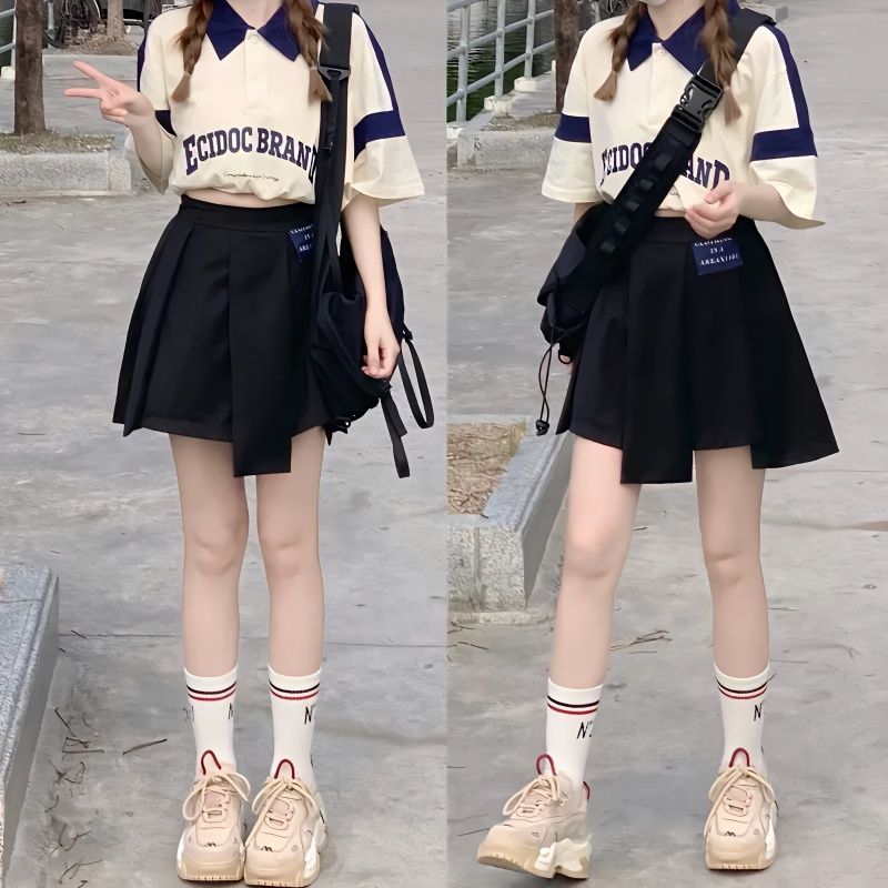 兩件套裝/單件夏季chic港味寬鬆polo衫短袖t恤上衣女+百褶半身裙
