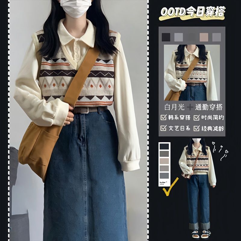兩件套裝春秋小個子復古v領針織馬甲疊穿毛衣背心女Polo領衛衣ins