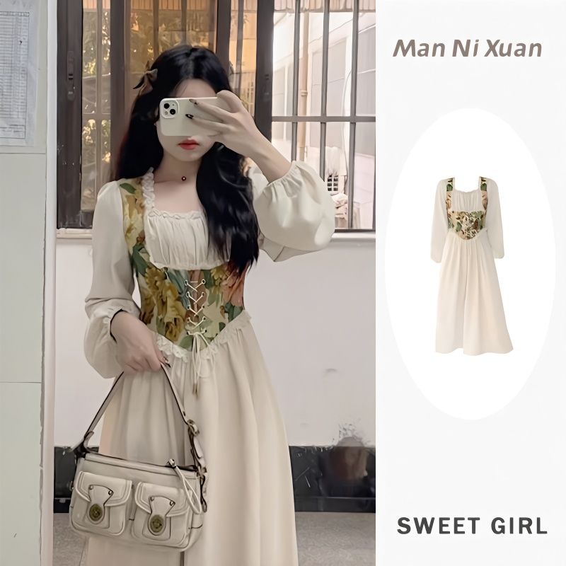 Spring new style French tea break retro waist slim lace stitching long-sleeved dress women's mid-length fairy skirt