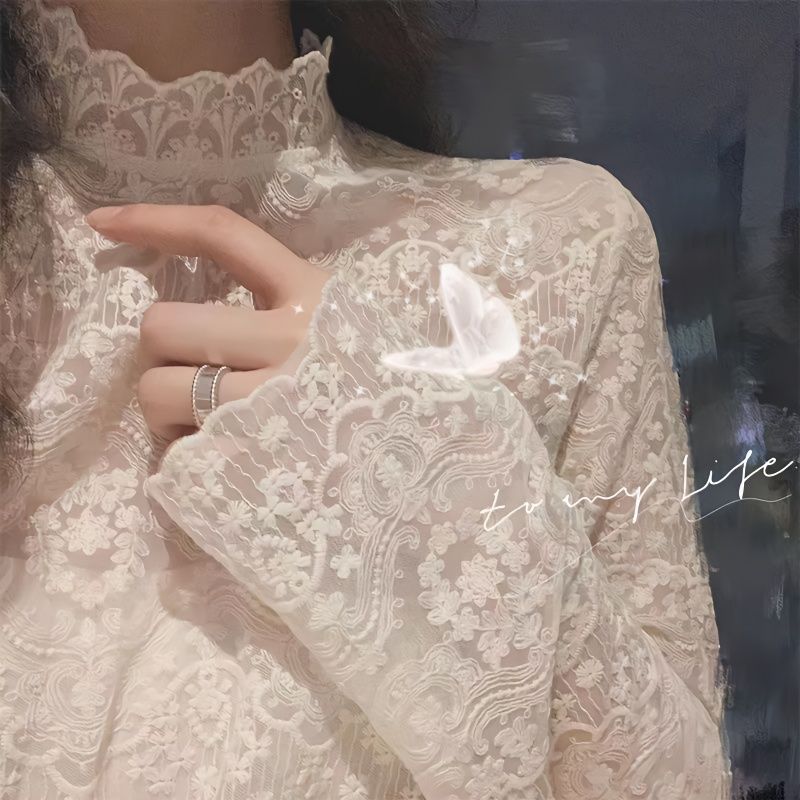 Water-soluble embroidery super fairy inner lace shirt for women  spring versatile half turtleneck mesh plus velvet bottoming shirt top