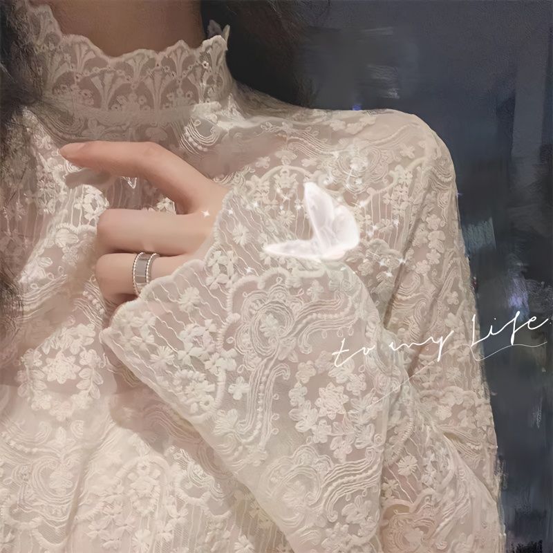 Water-soluble embroidery super fairy inner lace shirt for women 2023 spring versatile half turtleneck mesh plus velvet bottoming shirt top