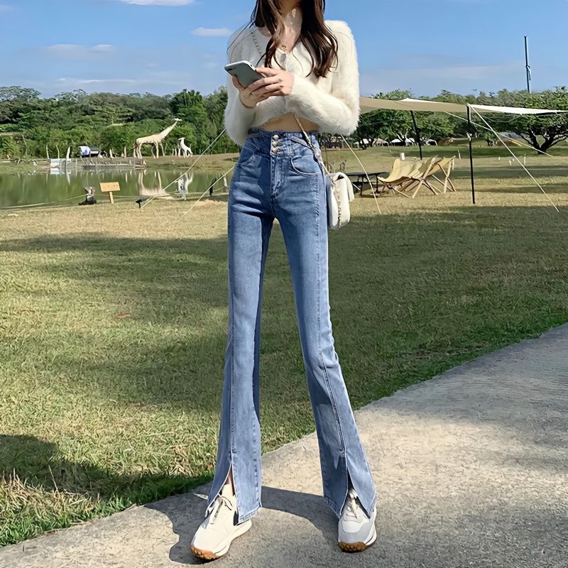 淺色分叉高腰牛仔褲女微喇叭春裝九分顯瘦彈力前開叉拖地褲子女潮
