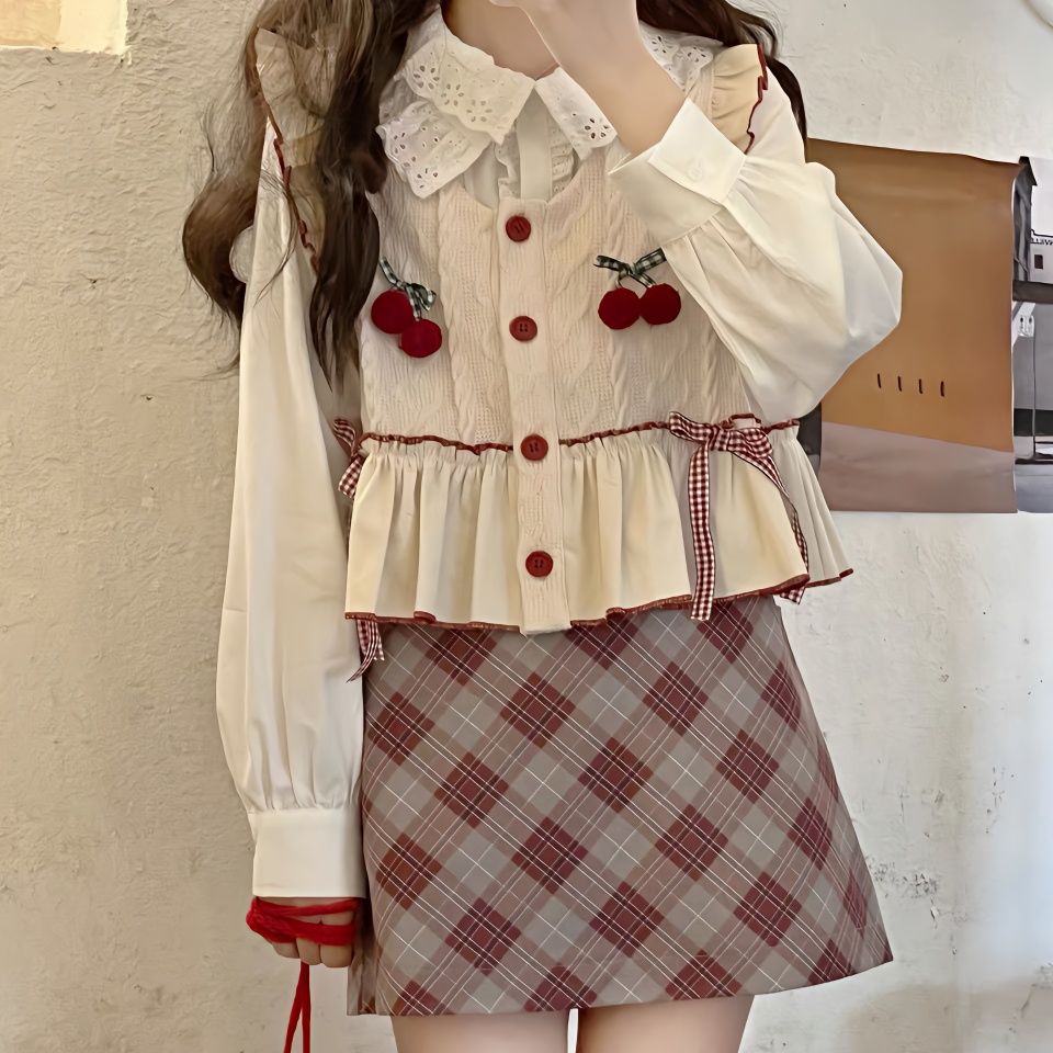 櫻桃立體裝飾v領開衫馬甲女針織衫拼接寬鬆百搭坎肩+娃娃領襯衫女