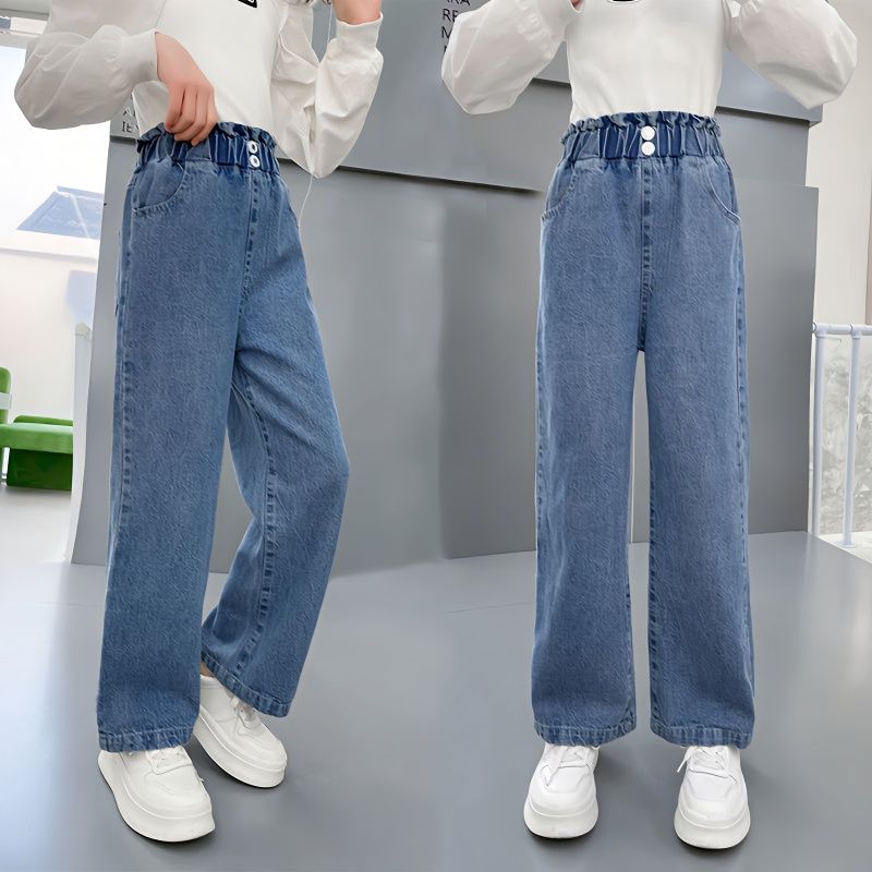 女童闊腿褲春秋2023新款中大童牛仔褲子春季女孩兒童寬鬆直筒高腰