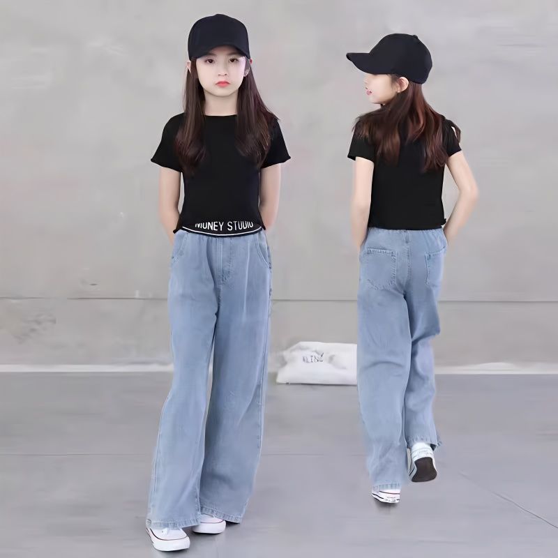 女童褲子春秋款2023中大童闊腿褲小孩牛仔褲女童休閒褲炸街時尚裝