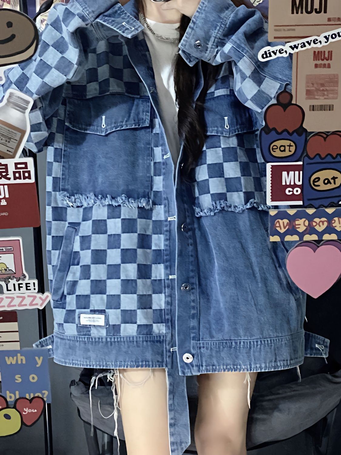 Denim jacket female spring and autumn 2022 new loose retro American design sense niche checkerboard jacket jacket trendy