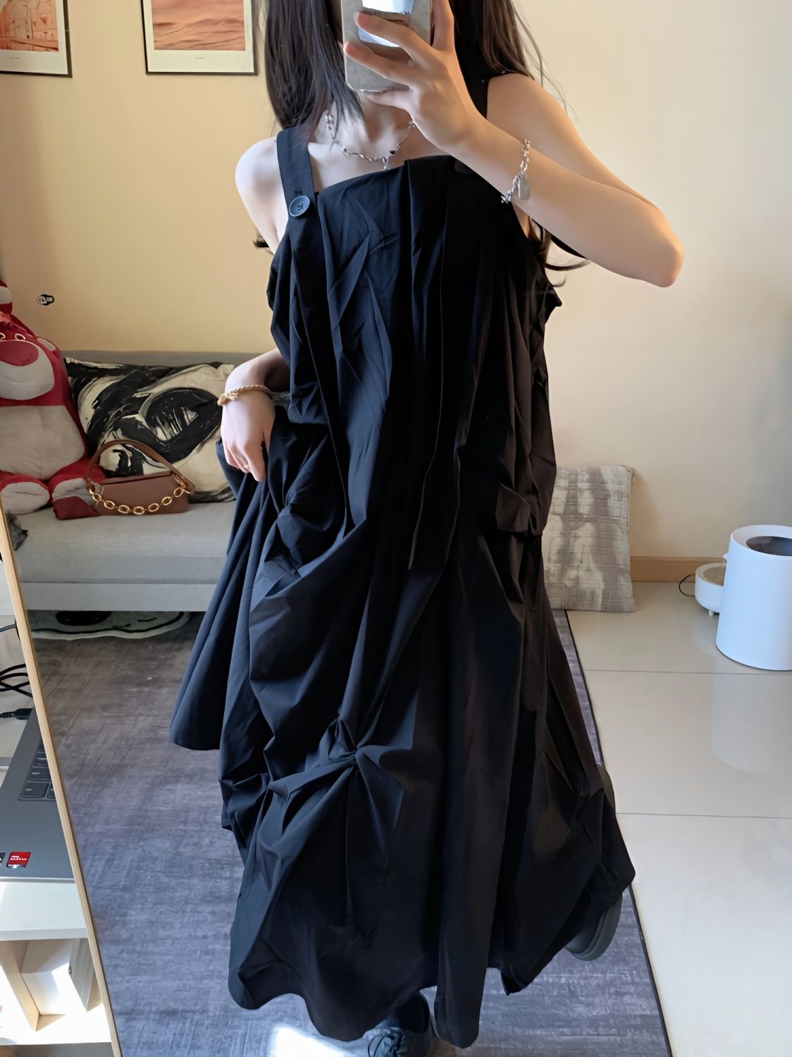 Hepburn style irregular pleated sling dress female student ins Korean version loose slim three-dimensional A-line skirt