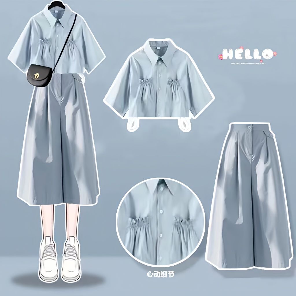 Summer salt suit for female students Korean style loose short shirt + high waist wide leg pants and skirt fashion two-piece set