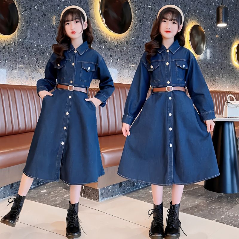 女童春裝牛仔裙2023新款小女孩秋款中大童長袖牛仔連衣裙5-14歲潮