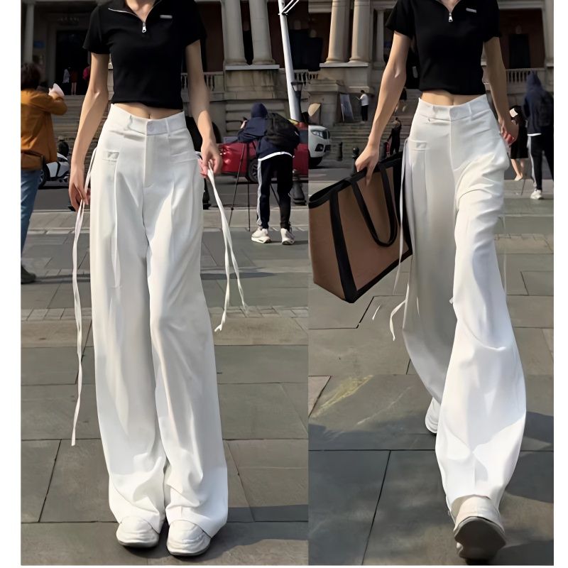 歐貨設計感小眾抽繩垂感闊腿褲女2023春季高腰顯瘦直筒休閒西裝褲