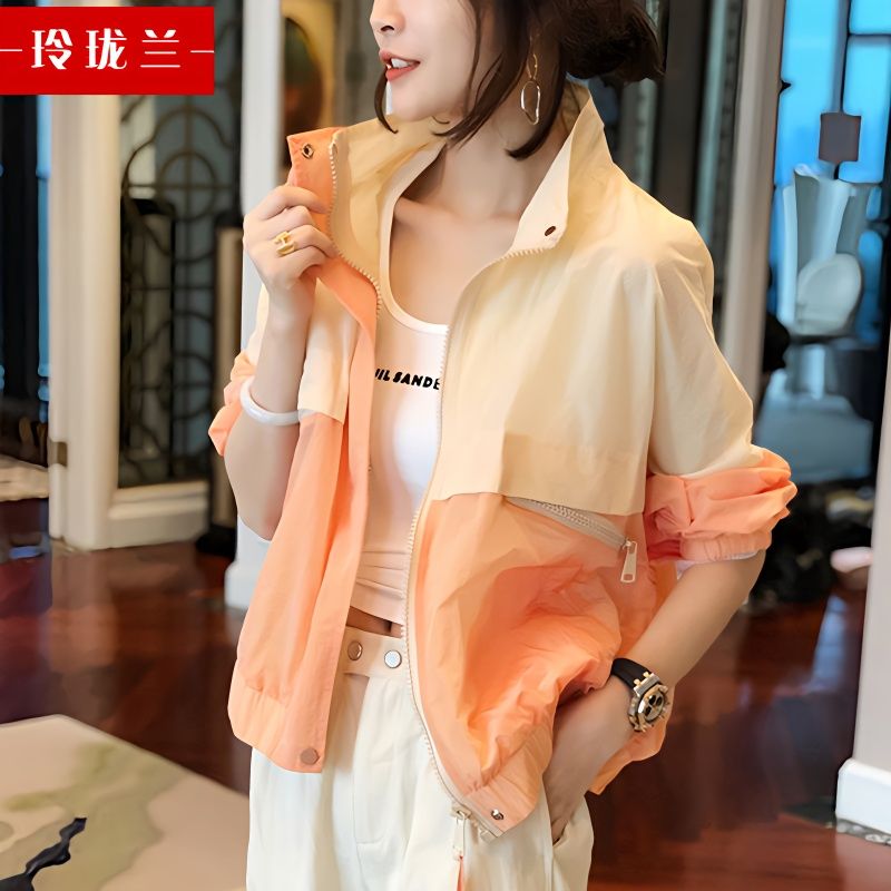 European station 2023 new spring and summer casual loose color matching baseball uniform sun protection clothing thin cardigan short coat female