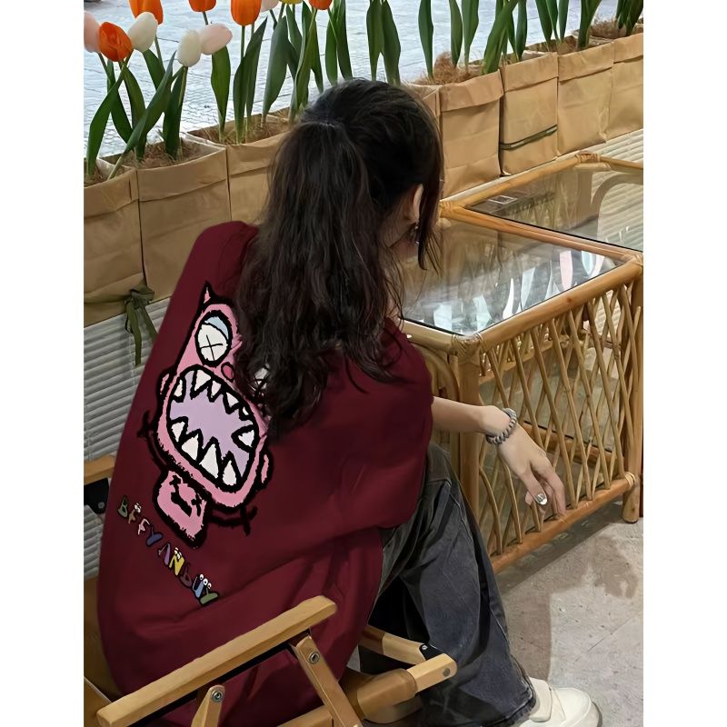 100%純棉美式小怪獸酒紅色丅恤短袖女學生寬鬆夏季嘻哈學院風上衣