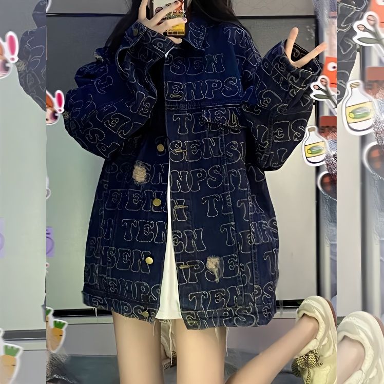 Tide brand niche denim jacket women 2022 new autumn Hong Kong style retro letters loose casual jacket tops