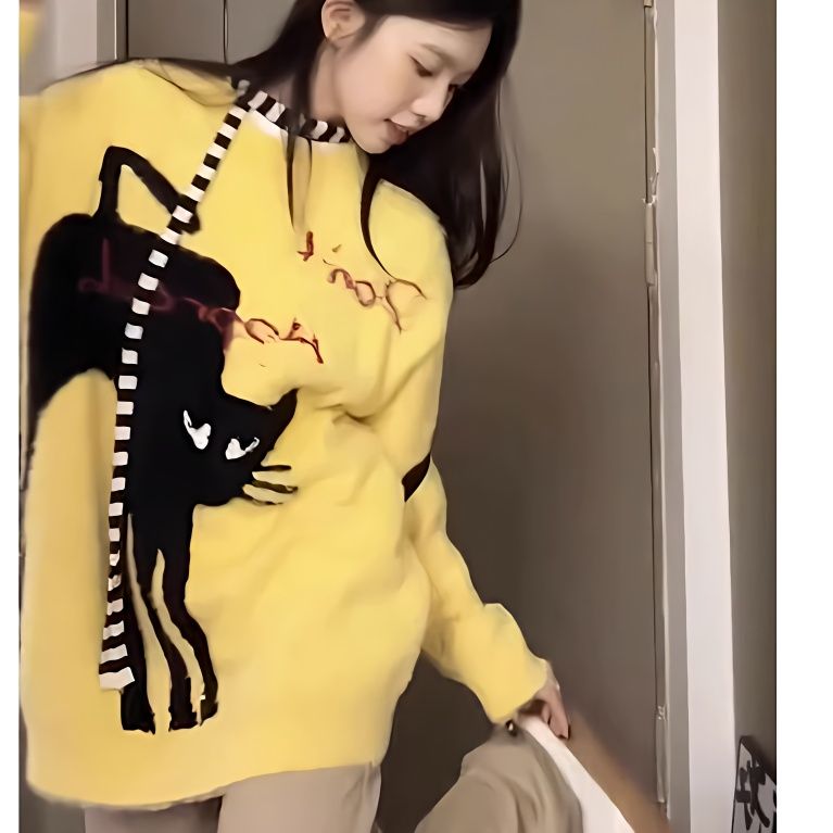 仿水貂黃色毛衣秋冬寬鬆設計感軟糯學院風新款卡通小眾慵懶針織衫