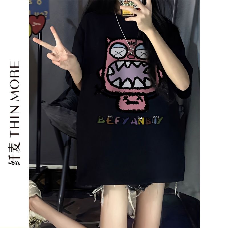 Fiber wheat heavyweight 220G pure cotton short-sleeved T-shirt women's summer new mid-length Korean version loose ins pure desire half-sleeved women's clothing