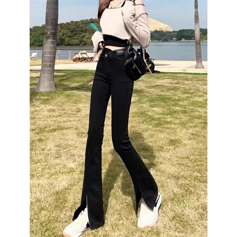 YSYOURS黑色開叉微喇牛仔褲女春秋季高腰大碼顯瘦設計感馬蹄褲子