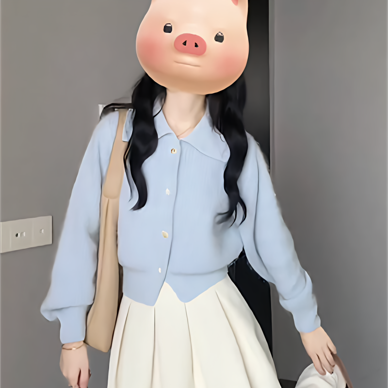 秋冬季韓版甜美外穿藍色翻領針織毛衣外套女+a字顯瘦高腰半身裙潮