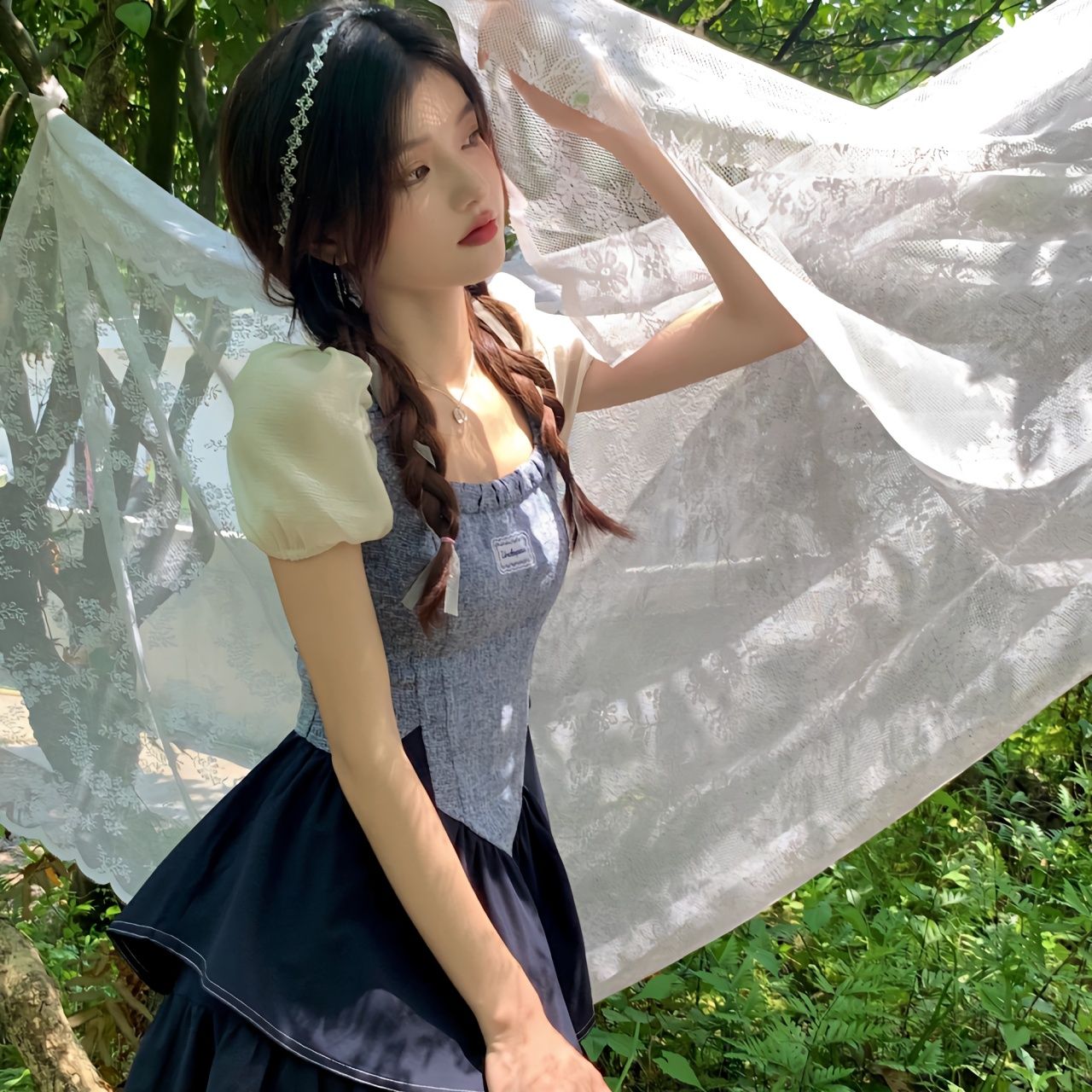 Summer Summer Sweet Girl Puff Sleeve Dress Slim Fit Slim Stitching Short Skirt Fashion Small A-line Skirt