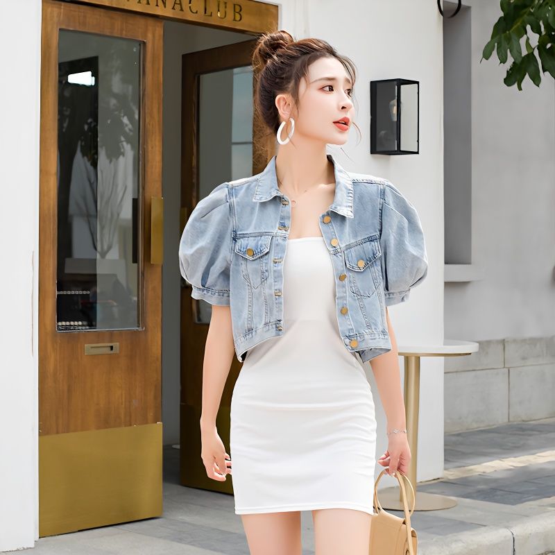 Puff sleeve short denim jacket women 2023 spring and summer retro Hong Kong style western style loose high waist all-match tops