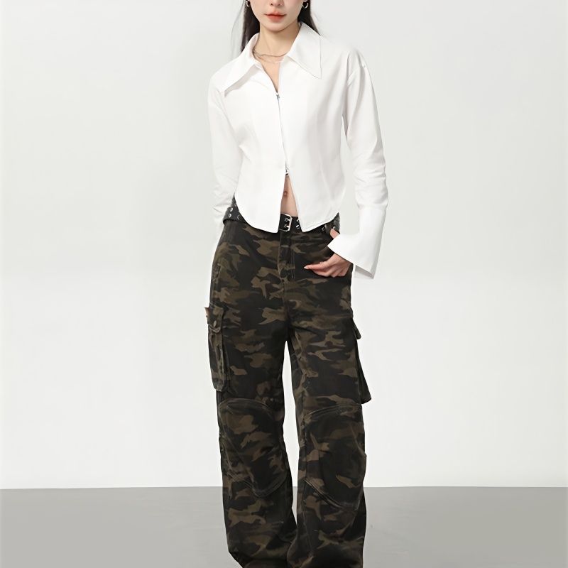 Grigio zipper shirt women's spring design niche outer wear versatile pointed collar long-sleeved white shirt