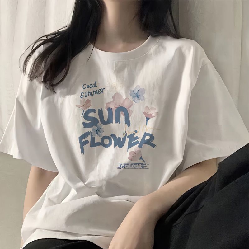 100%純棉短袖t恤女夏季新款寬鬆百搭顯瘦印花半袖休閒ins風上衣服