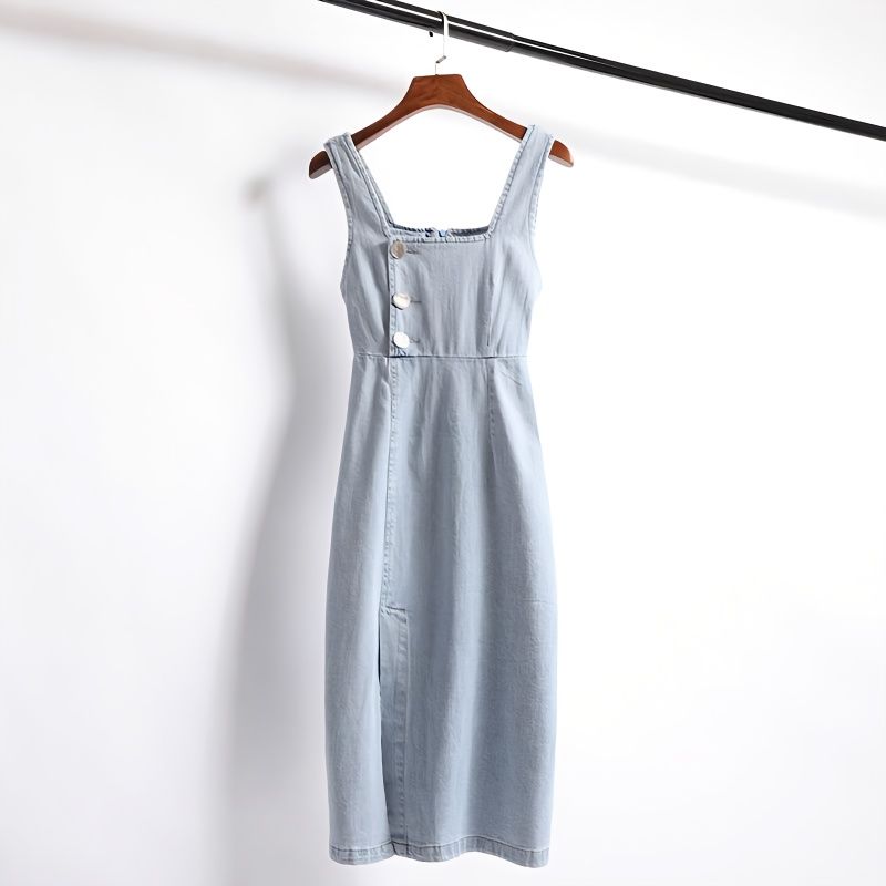 Denim suspender skirt women's 2021 autumn new light-colored slim mid-length knee-length sleeveless camisole dress