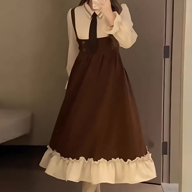 大碼女裝高級感秋冬款學院風假兩件長袖連衣裙胖mm穿搭顯瘦長裙子
