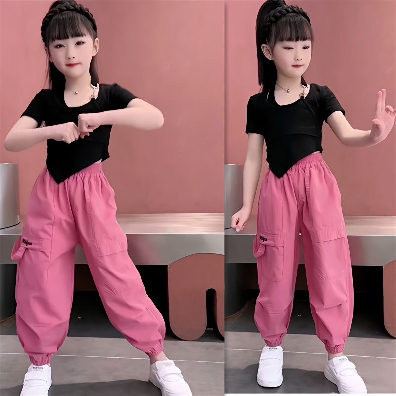 女童春夏時髦掛脖T恤工裝褲套裝2023新款洋氣早夏兒童裝女孩春裝