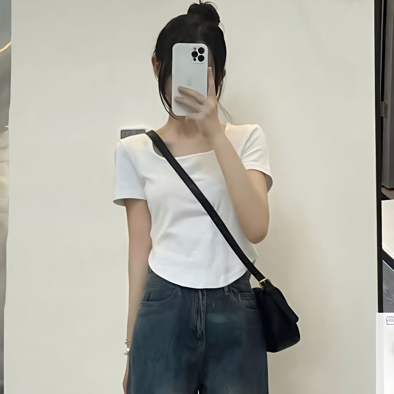 設計感小眾正肩不規則方領短袖T恤女夏辣妹短款高腰修身顯瘦上衣